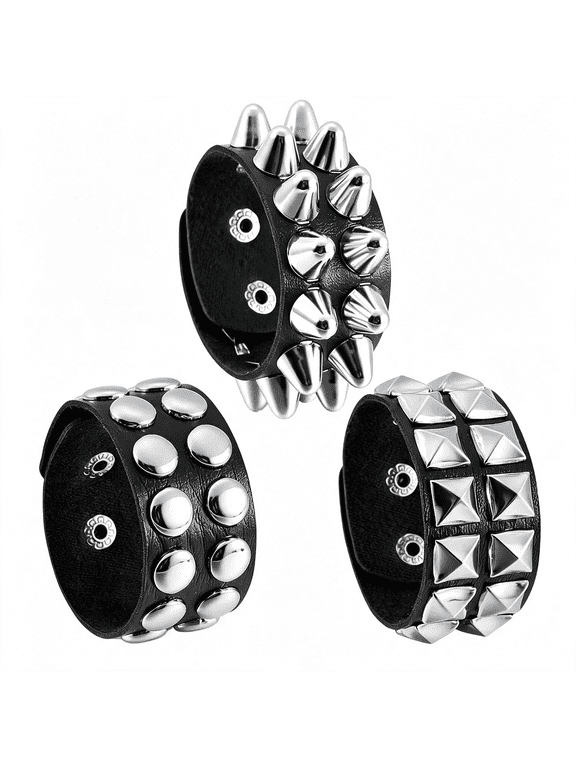 3 Pieces Spiked Studded Bracelet Black Leather Rivet Punk Bracelet Cuff Wrap Bangle Snap Button Metal Wristband for Men Women Studded Bracelet