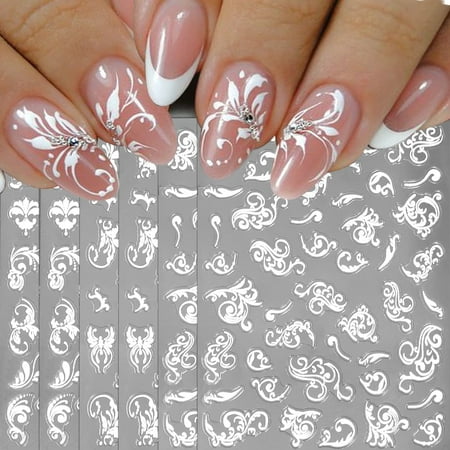 RAGUPEL 3 Sheets 5D Embossed Lace Flower Nail Stickers,Hollowed Out White Flowers Nail Art Stickers Vintage Bohemian Totem Nail Decals for Women DIY Nail Art Supplies Nail Designs Nail Decorations