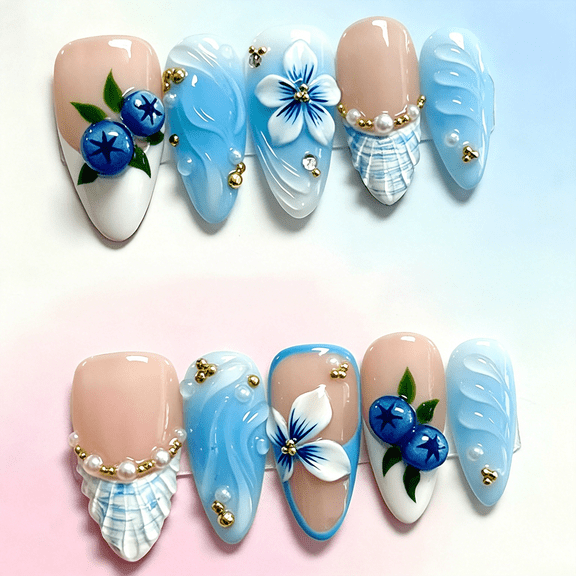 RAGUPEL 30Pcs Blue Gradient Press on Nails Medium Almond French Tip Fake Nails with 3D Rhinestone Pearl Design Flower False Nails Nude Glossy Full Cover Spring Summer Acrylic Stick on Nail