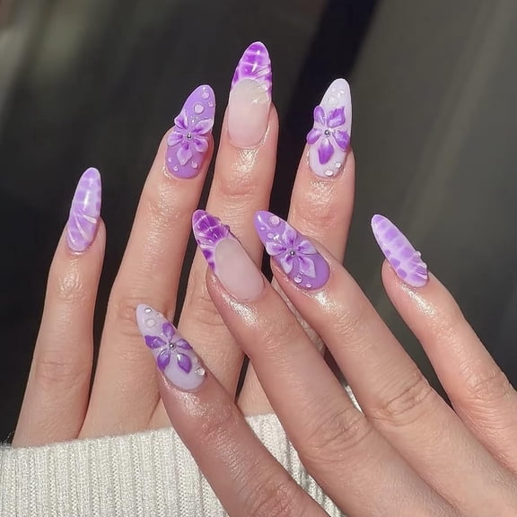 RAGUPEL 30Pcs Flower Press on Nails French Tip Fake,Purple Hibiscus with Rhinestones Design,Summer False Gradient Purple,Full Cover Stiletto Acrylic Cute Almond Glue