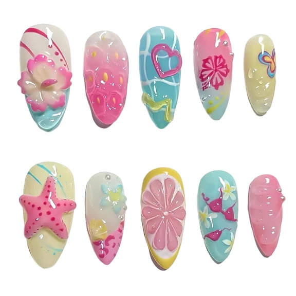 RAGUPEL 30Pcs Flower Press on Nails Medium Almond Nails with 3D Colorful Summer Sea Starfish Design Pearl Rhinestones Glue on Nails French Tip Acrylic Nails Beach False Nails Hibiscus Stick on Nails