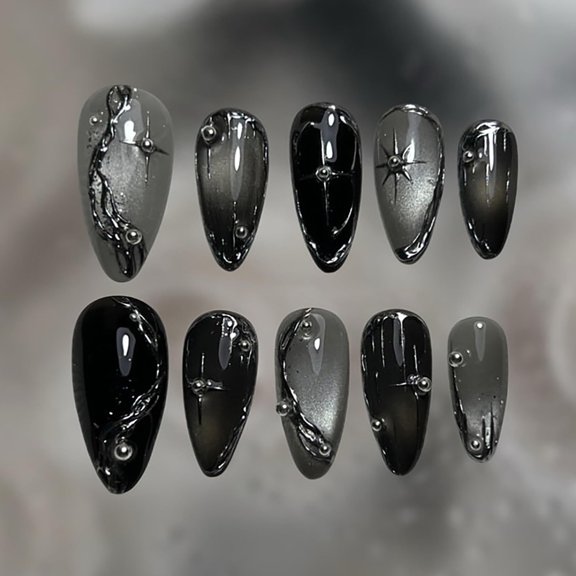 RAGUPEL 30Pcs Goth Press on Nails Medium Almond Fake Nails 3D Silver Alloy Chrome Star Glitter Design Dark Black Full Cover Glue on Nails Reusable Handmade False Nails