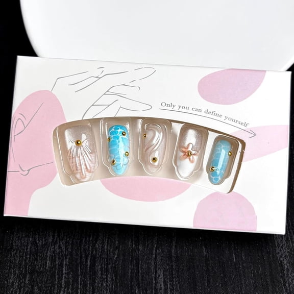 RAGUPEL 30Pcs Handmade Press on Nails Medium Almond Fake Nails 3D Gold Beads Stick on Nail French Tip Ocean False Nails with Shell Water Ripples Designs Reusable Full Cover Acrylic Nail for Women