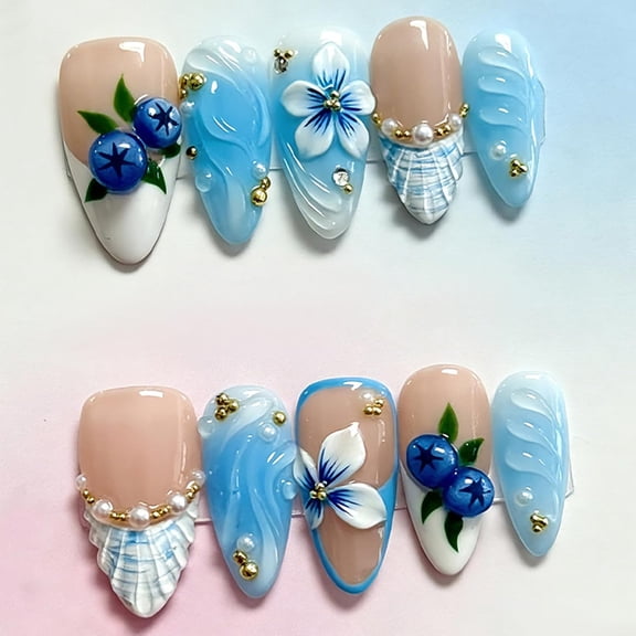 RAGUPEL 30Pcs Handmade Press on Nails Medium Almond False Nails 3D Ocean Wave Blueberry Floral Shell Design French Tip Fake Nails with Pearls Rhinestones Glossy Full Cover Acrylic Stick on Nails