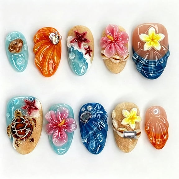 RAGUPEL 30Pcs Ocean Beach Press on Nails Short Almond Fake Nails with 3D Sea Turtle Shell Starfish Design Summer Flower False Nails Cute Artificial Nails Full Cover Glue on Nails for Women