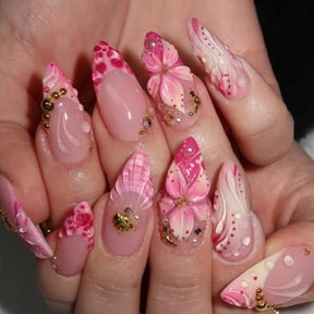 RAGUPEL 30Pcs Pink Flower Press on Nails Medium Almond French Tip Fake Nails 3D Flower with Gold Starfish Rhinestones Glitter Designs Spring Summer False Nails Stick on Nails for Manicure