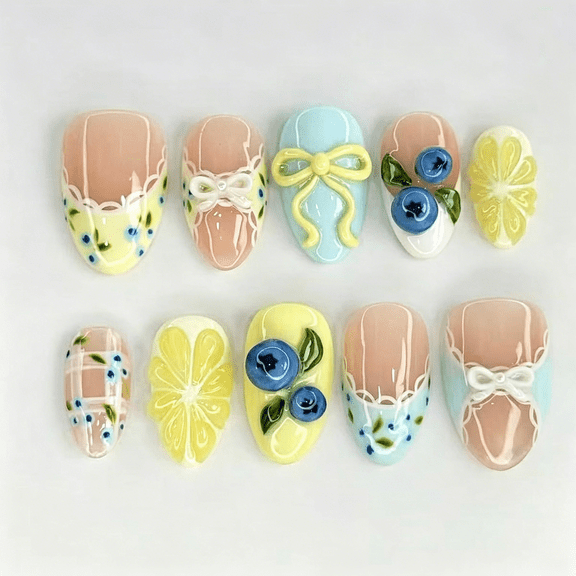 RAGUPEL 30Pcs Spring French Tip Press on Nails Short Almond Shape 3D Lemon Blueberry Bow Fake Nails Reusable Acrylic False Nails Cute Summer Fruit Themed Stick on Nails for Women Diy