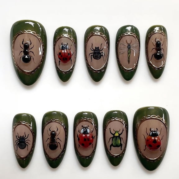 RAGUPEL 30Pcs Summer Almond Press on Nails Medium Fake Nails with Insect Designs 3D Glue on Nails Handmade Acrylic Nails Glossy Full Cover False Nails Retro Stick on Nails for Women