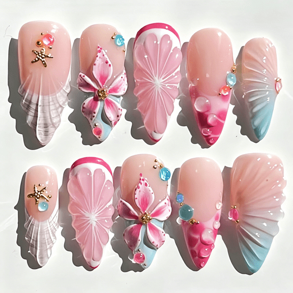 RAGUPEL 30Pcs Summer Flower Press on Nails Long Almond Fake Nails with 3D Seashell Starfish Pearl Rhinestones Designs Full Cover Reusable Artificial Nails Lemon False Nails Ocean Beach Press Ons