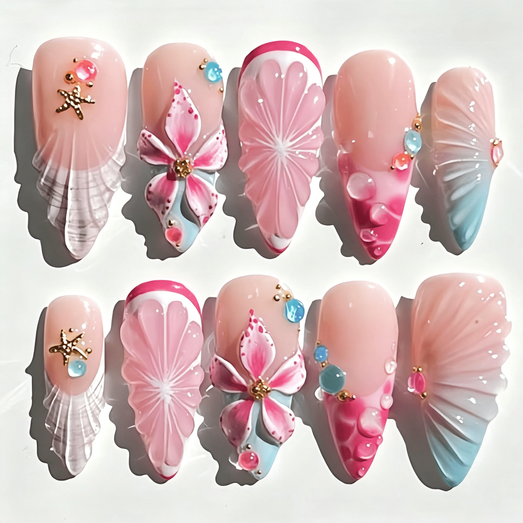 RAGUPEL 30Pcs Long Almond Press On Nails with 3D Seashells and ...