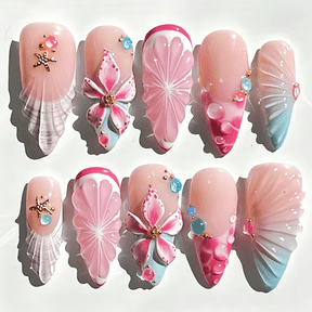 RAGUPEL 30Pcs Long Almond Press On Nails, Summer Flower Fake Nails with 3D Seashell Starfish & Pearl Rhinestones, Ocean Beach French Tip Reusable Artificial Manicure Kit