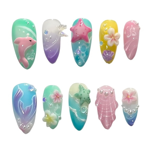 RAGUPEL 30Pcs Summer Press on Nails Medium Almond Fake Nails with Starfish False Nails Heart Butterfly Lemon Stick on Nails Ocean Beach Acrylic Nails Pearl Floral Glue on Nails for Women-M