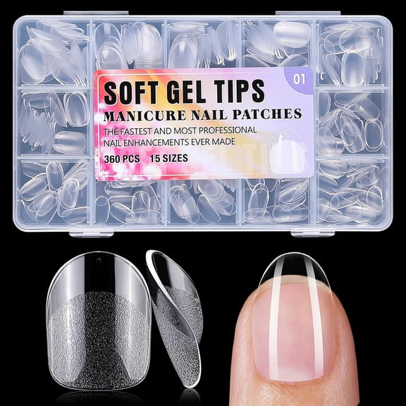 RAGUPEL 360Pc Extra Short Oval Nail Tips,Soft Gel Nail Tip Clear Press on Nail Short Fake Nails Oval,15 Sizes Full Cover False Artificial Fingernail Xs Almond Acrylic Nails Tips for Gel