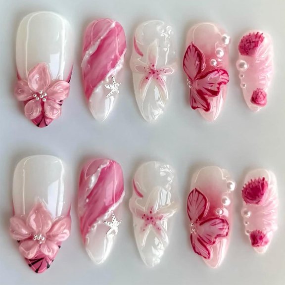 RAGUPEL 3D Flower Press on Nails Medium Almond French Tip Fake Nails Pink False Nails with Flower Stars Shell Pearls Designs Gradient Glossy Glue on Nail Reusable Full Cover Acrylic Nails