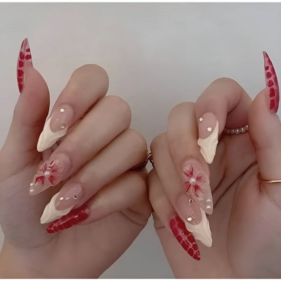 RAGUPEL 3D Medium Long Press on Nails,Red French Tips Almond Shaped Rhinestone Nail Press-Ons with Flower Design 24Pcs False Nails