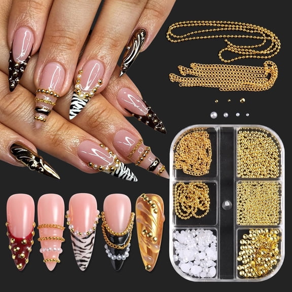 RAGUPEL 3D Metal Nail Art Chains and Mini Stainless Steel Beads Nail Charms, White Flatback Pearls Gold Caviar Beads Golden Chain Alloy Jewelry for Women Manicure Supplies Diy Crafts Decorations