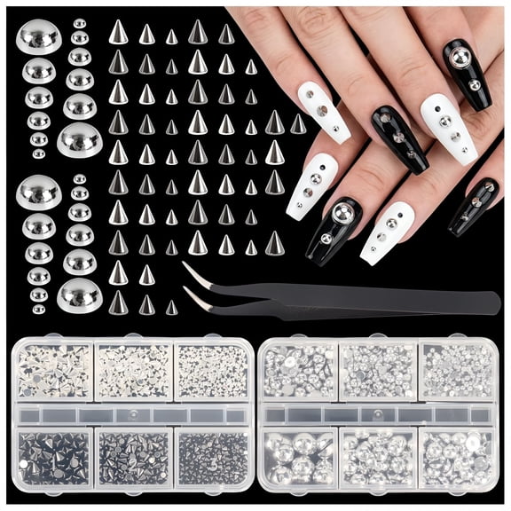 RAGUPEL 3D Mini Metal Gothic Nail Art Studs Mixed Sizes Cone Spikes Silver Half Round Steel Beads Nail for Women Manicure Charms Goth Diy Crafts Accessories