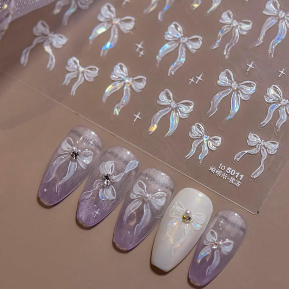 RAGUPEL 3D Nail Stickers for Nail Art, Embossed Self-Adhesive Cute Nail Charms & Decals for Diy Nails, Easy-To-Apply Nail Design Supplies & Accessories for Home Manicure-Laser White Bow