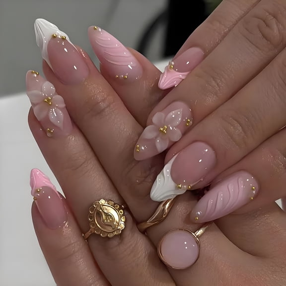 RAGUPEL 3D Pink Press on Nails Almond - Medium French Tip Fake Nails with Embossed Flower&Gold Bead Designs, Glossy Finish Reusable False Nails with Glue Tabs - 24Pcs Nail Kit for Women Manicure