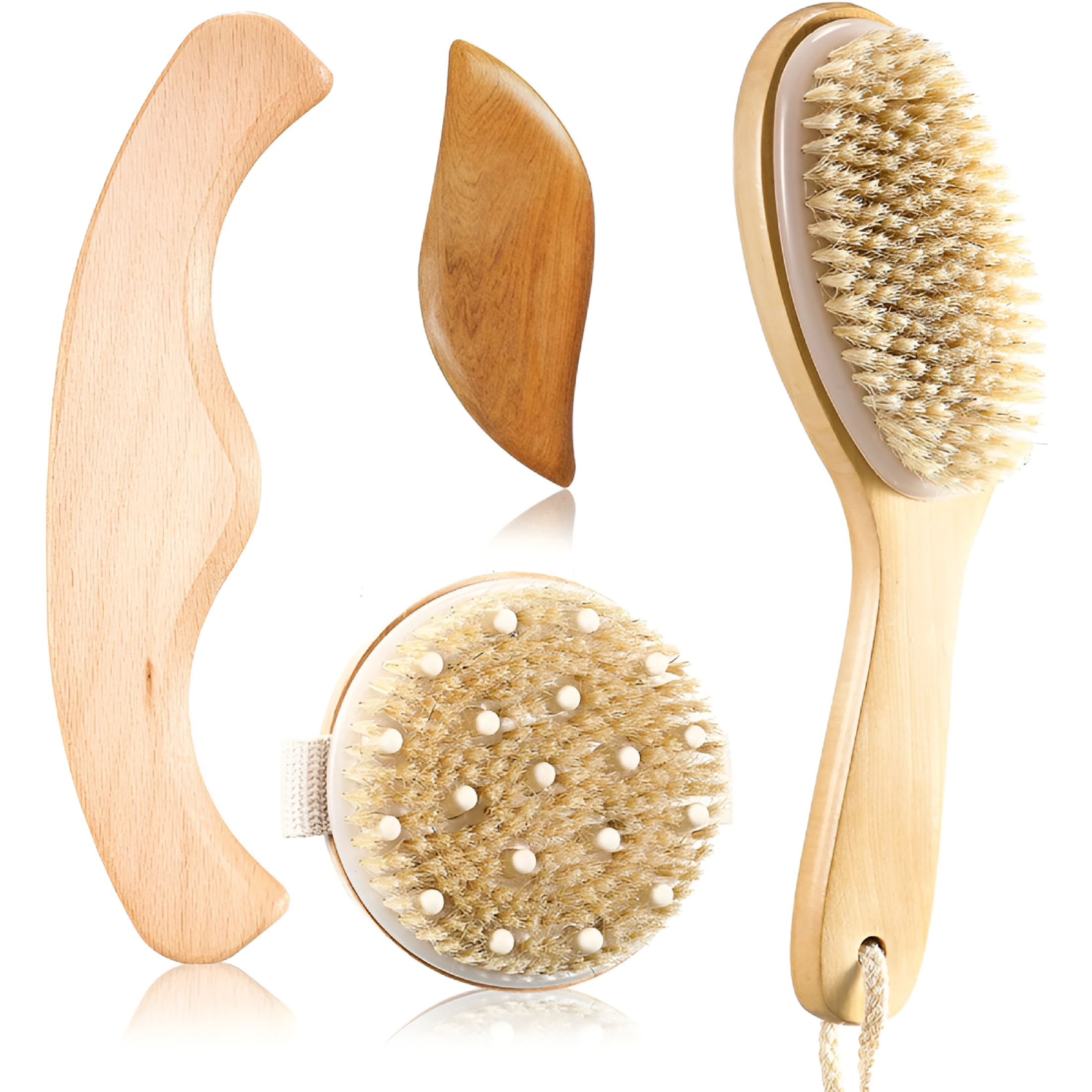 RAGUPEL 4 Pcs Dry Brushing Body Brush for Lymphatic Drainage Vegan Dry Brush with Wood Therapy Massage Lymphatic Drainage Tool Gua Sha Anti Cellulite Body Sculpting Sensitive Skin Exfoliation