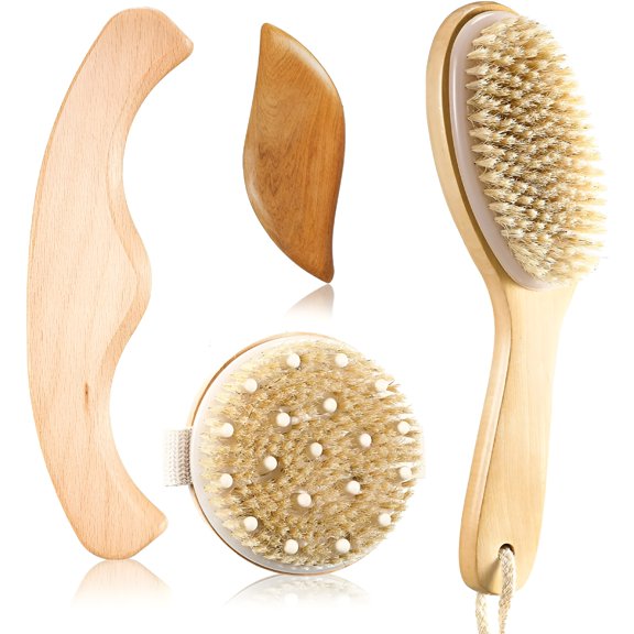 RAGUPEL 4 Pcs Dry Brushing Body Brush for Lymphatic Drainage Vegan Dry Brush with Wood Therapy Massage Lymphatic Drainage Tool Gua Sha Anti Cellulite Body Sculpting Sensitive Skin Exfoliation