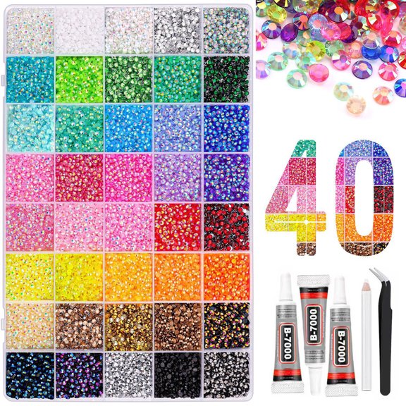 RAGUPEL 40 Colors Rhinestone Kit 40000 Pcs 3Mm Flatback Resin Jelly Rhinestones,All-In-One Kit with 3 Pcs B7000 Glue and Tools for Tumblers,Phone Cases,Diy Crafts