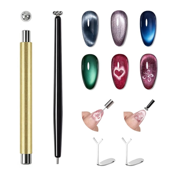 RAGUPEL 4Pcs Cat Eye Magnet Set-2 Powerful Double-Ended Nail Magnet Pens&2 Heart Nail Magnets for Nail Art,Create French,Floral&Heart Effects,Magnet for Cat Eye Gel Nail Polish,Home Diy