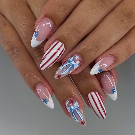 RAGUPEL 4Th of July Press on Nails Blue Bow Almond Fake Nails with White French Tip Red Stripe Full Cover Glue on Nails Patriotic Star Independence Day Nails Glossy Reusable Acrylic