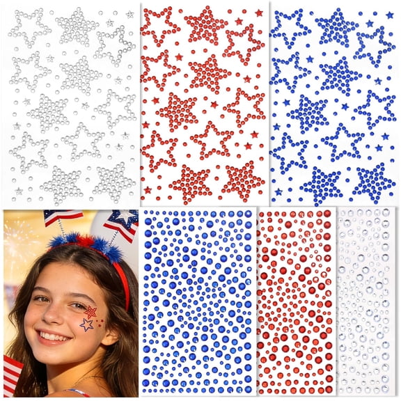 RAGUPEL 4Th of July Star Face Gems - 6Sheets Self Adhesive Face Jewels Stickers Patriotic Star Rhinestone Sticker Fourth of July Shining Gem for Kids Women Makeup