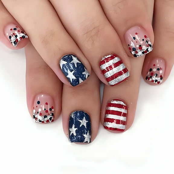 RAGUPEL 4th of July Press on Nails Bling Short Almond Fake Nails, Red Silver Stripe False Nails Designs Independence Day Stars Acrylic Nails Glossy Patriotic DIY Nails Art for Women 24 Pcs