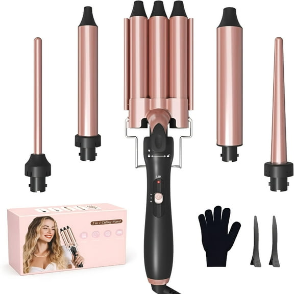 RAGUPEL 5 in 1 Curling Wand Set - Triple Barrel Hair Crimpers and Wavers for Hair, Interchangeable Ceramic Curler Wand, 30s Fast Heat-up, Crimper Hair Tools for All Hair Types