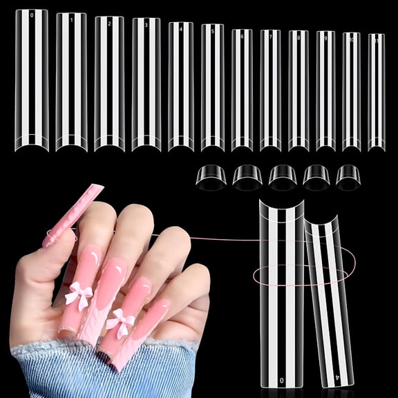 RAGUPEL 504 Pcs No C Curve Clear Nail Tips for Acrylic Nails Professional,3Xl Extra Long,12 Sizes Half Cover Straight Tapered Square French Fake Nail Tips for Nail Salons Home Diy