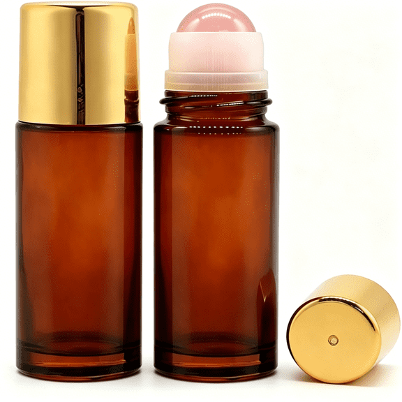 RAGUPEL 50ml Rose Quartz Roller Bottle, Refillable Amber Glass Roll On Bottle for Essential Oils, Castor Oil, and Perfume, Natural Crystal Roller Ball for Skincare