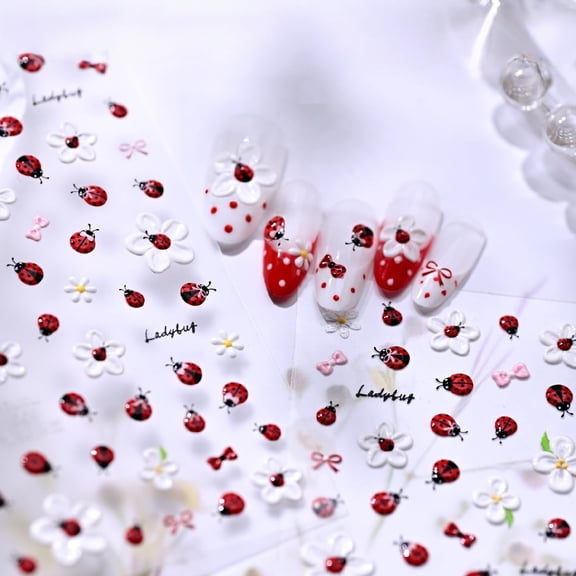 RAGUPEL 5D Embossed Cute Floral Ladybug Nail Stickers for Nail Art Ladybug Flower Nail Decals Bow White Floral Summer Nail Decals for Nail Art Nail Decoration Nail Accessories for Diy Manicure