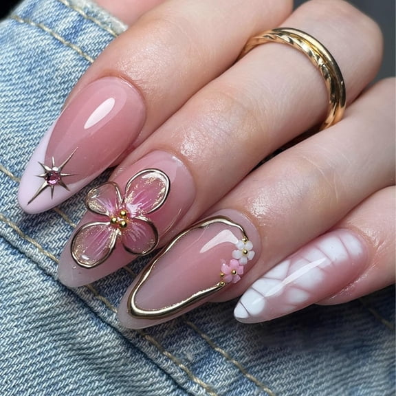 RAGUPEL 5D Flower Press on Nails Medium Almond Nails Press on with Gold Charm Design Glossy Nude Fake Nails Rhinestones Star Glue on Nail Reusable Marble Nail for Women Manicure 24Pcs