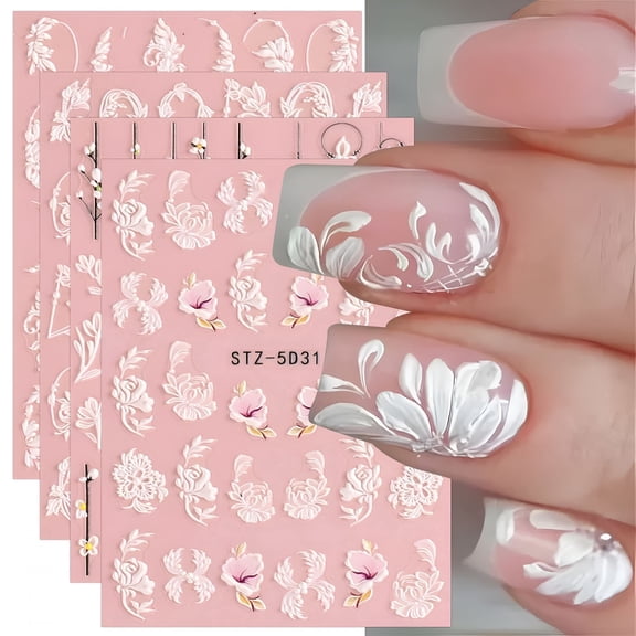 RAGUPEL 5D Spring Embossed Flower Nail Art Stickers, 4 Sheets Self-Adhesive Floral Decals, 3D DIY Nail Decoration for Women Girls, Acrylic Gel Manicure Accessories