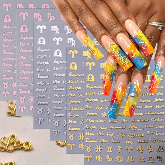 RAGUPEL 6 Sheets English Letters Nail Stickers for Nail Art Zodiac Letter Nail Art Sticker Self-Adhesive Gold Silver Pink Twelve Constellation Nail Decals Constellation Line Stripe Nails Supplies