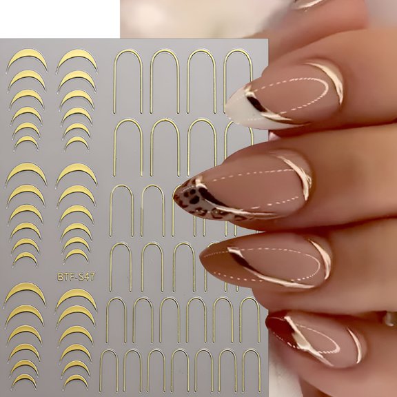 RAGUPEL 6 Sheets French Lines Nail Stickers,3D Gold Silver Line Curve Wave Nail Art Stickers Metallic Geometric Strips Arcs Curves Nail Decals for Women Diy Nail Art Supplies Nail Designs Nail Decor