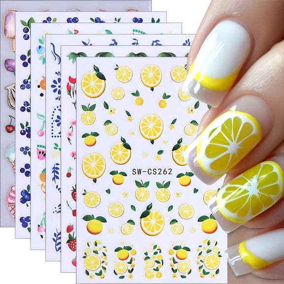 RAGUPEL 6 Sheets Fruit Nail Art Stickers Decals 3D Self-Adhesive Embossed Nail Stickers Lemon Strawberry Blueberry Banana Grape Orange Nail Decals Supplies for Women DIY Summer Manicure Decorations