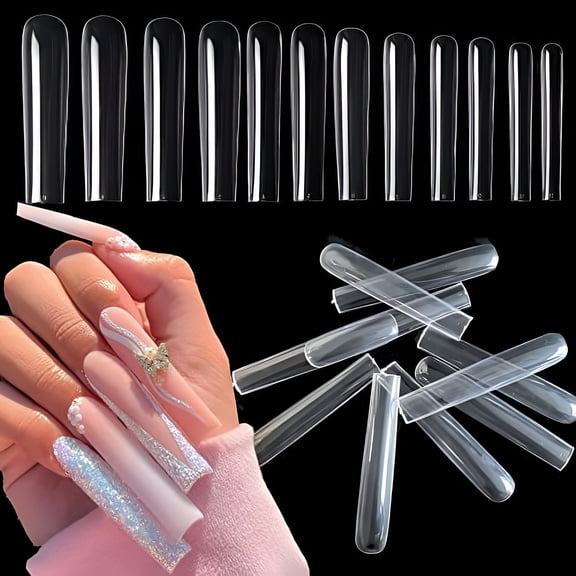 RAGUPEL 600Pcs 3Xl Square Clear Nail Tips Full Cover Extra Long Straight Square Acrylic Fake Nails Professional False Nail Tip for Salons & Home Diy Square Nail Tips,12 Sizes