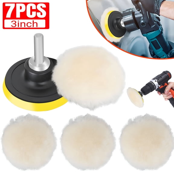RAGUPEL 7-Piece 3 Inch Car Buffing Pads Kit, Real Wool Polishing Foam for Drill, Waxing and Scratch Removal, M10 Adapter Backer Pad