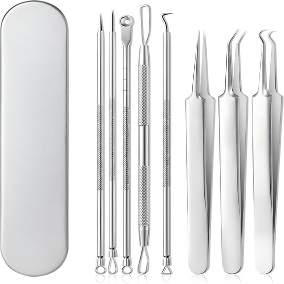 RAGUPEL 8 PCS Stainless Steel Blackhead Remover Tool Kit, Professional Facial Blackhead Remover Tweezers, Precision Pimple Popper Tool Kit for Whitehead Acne Blemishes Comedones