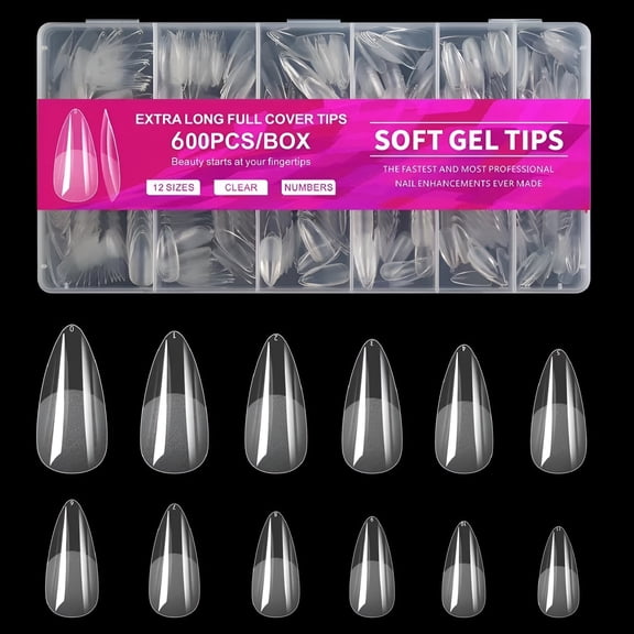 RAGUPEL Acrylic Nail Tips, Medium Almond Clear Fake Nails, Full Cover for Extension Manicure, 600pcs