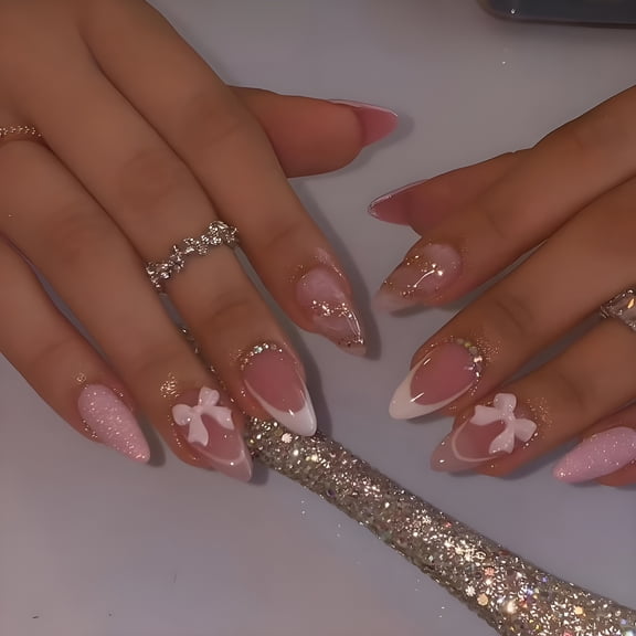 RAGUPEL Almond French Tip Press on Nails - Medium Pink Fake Nails with 3D Bow Diamond Glitter Designs, Glossy Finished Reusable False Nails with Glue Tabs - 24Pcs Nail Kit for Women Manicure