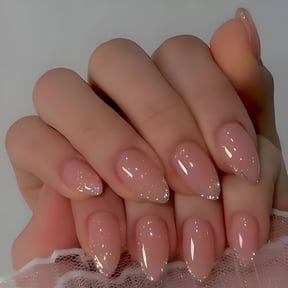 RAGUPEL Almond Press on Nails Medium Fake Nails Press Ons Glitter Silver French Tip Glue on Nails with Sparkly Design Stiletto Acrylic Nails Glossy 24Pcs False Nails
