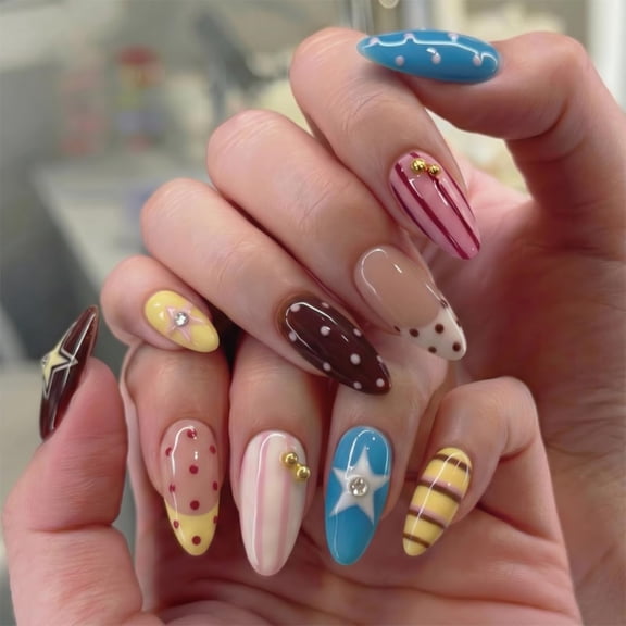 RAGUPEL Almond Press on Nails Medium Y2K Fake Nails 24Pcs,Polka Dots Striped Stars Design,Glossy,Full Cover,Cute Stick on Nails,Summer Nails for Women Manicure