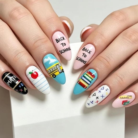 RAGUPEL Back to School Press on Nails Medium Almond Fake Nails with School Bus Book Math Symbol Design Colorful Glossy False Nail Reusable Stick on Nails for Women Cute Cartoon Seasonal Gift 24Pcs