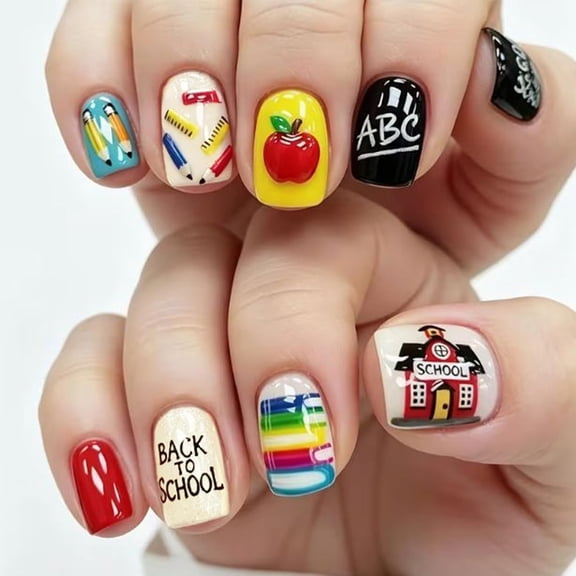 RAGUPEL Back to School Press on Nails Short Square Fake Nails Cute School Supplies False Nails with Pencil Ruler Schoolhouse Designs Reusable Stick on Nails for Daily Manicure Teacher Student Gift