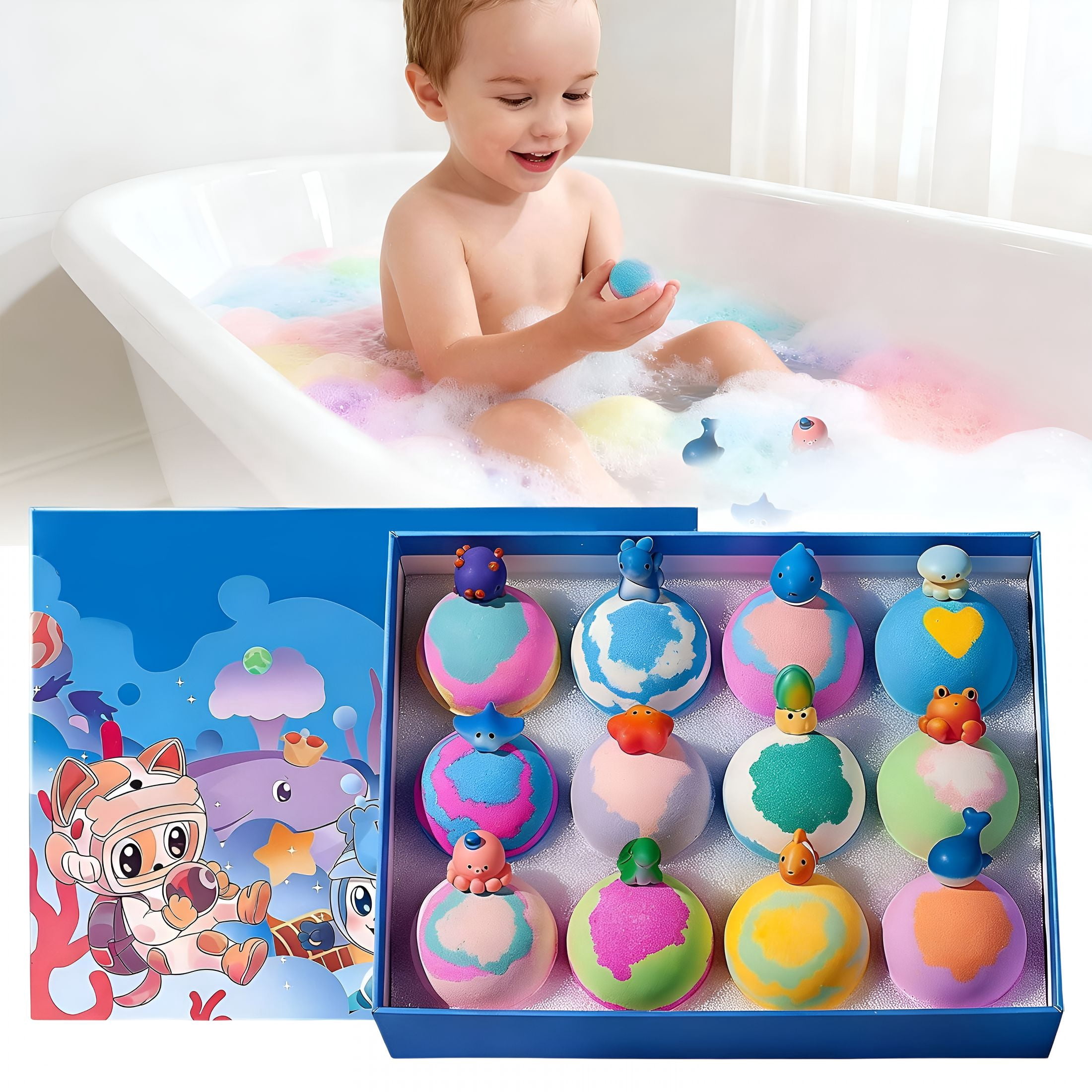 RAGUPEL Bath Bombs Gift,Splashy Rainbow Hatching Bubbly Buddies,Natural Bubble Treasure Gift Set with Mega Bubbles&Surprise Inside 12 Pcs Toys,Easter Basket Stuffer-Floral Fragrance