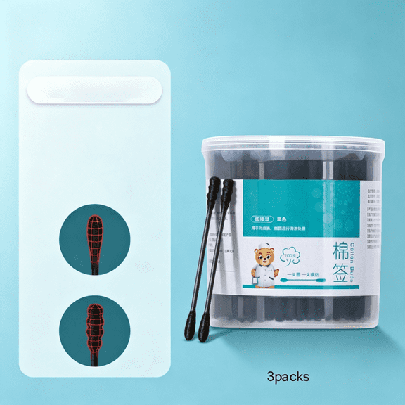 RAGUPEL Black Cotton Swabs Spiral - 600 Count Organic Cotton Buds Double Side Tightly Wrapped Charcoal Cotton Tips Paper Stick Soft Gentle Lint-Free Cruelty-Free Goth Bathroom,Round & Spiral (Black)